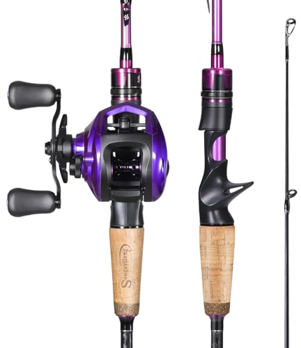 Sougayilang Fishing Rod and Reel Combo，Baitcaster Combo,5.9ft/6.9ft Carbon Fishing Pole,Lightweight Aluminum Spool Reel,Stainless-Steel Guides & Ergonomic Cork Grip-Purple