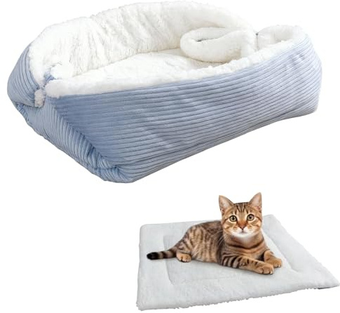 Katzenbett 2 in 1 - 61×51cm Weiches Katzenbett Waschbar Flauschig katzenkissen Plüsch Schlafplatz, 2 in 1Katzensofa Haustierbett Katzenmatte Katzenkorb Tierbett für Katze und Kleine Hunde (Blau)