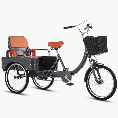 Rickshaw trehjuling med pedaler, bemannad trehjuling med fällbart baksäte, lastcykel med bakhytt, 3 hjul cykel med hydraulisk framgaffel, fram- och bakbromsar