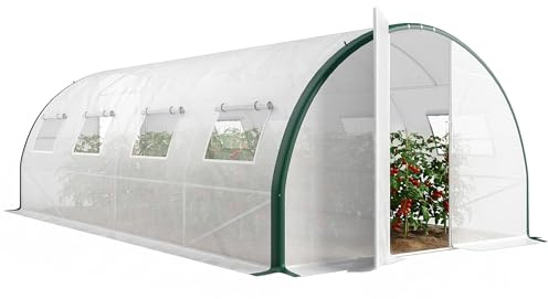 Outsunny Serra a Tunnel 6x3 m con 2 Porte con Cerniera e 8 Finestre, Serra per Orto in PE, Acciaio Zincato e Poliestere, Bianco e Verde