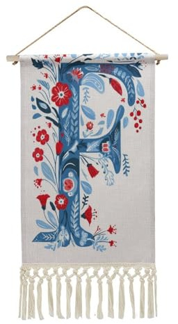 Jubonexis Arazzo da parete in lino, lettera F minimalista con arte popolare, poster da parete vintage con nappa e asta in legno
