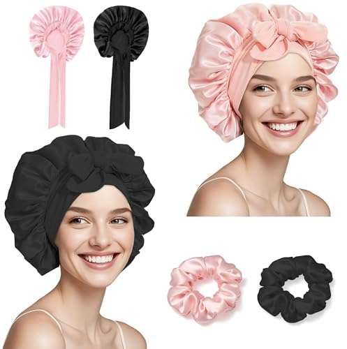 2 Stück Seidenhaube zum Schlafen mit Haargummis, Verstellbarem Satin Haarhaube Seide, Weich Schlafmütze Damen Haarschutz für die Nacht, Bonnet Sleep Cap Duschhauben