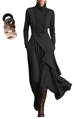 Vestido asimétrico de manga larga para mujer, de punto elástico, con volantes, cuello alto, liso, moderno, elegante, ajustado, bohemio, algodón, drapeado, maxivestido de cóctel de invierno, Negro, 3XL