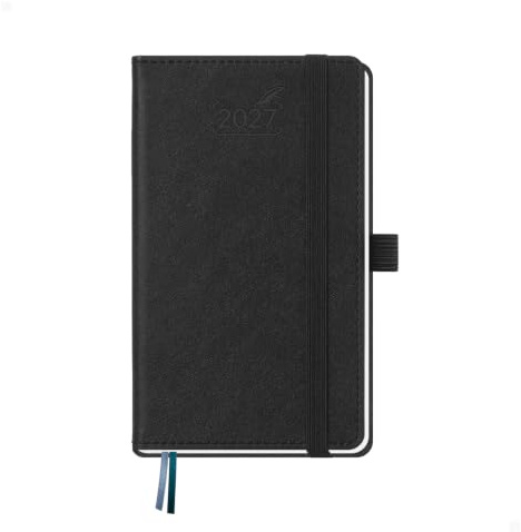 BEZEND Petit Agenda 2027 Semainier 15,5 x 9 cm A6 de Janv. à Déc. 2027 | 12 Mois avec Pages de Notes, Porte-Stylo Fixe, Coin Détachable, Onglet Mensuel, Couverture Rigide en Cuir PU, Noir
