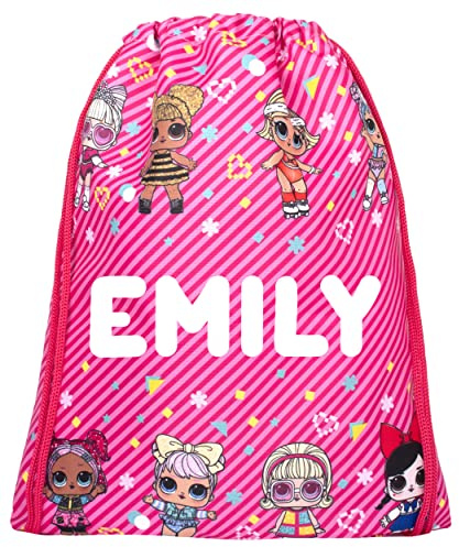 LOL - Kids Drawstring Bag - Personalised Lightweight Backpack - Add Your Name - Pink PE Bag - 43x35cm - Waterproof Bag - Customised Gifts