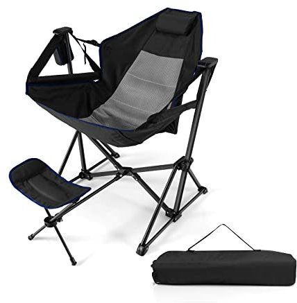 TANGZON Hammock Camping Chair, Folding Swinging Chair Recliner with Adjustable Backrest, Headrest, Cup Holder & Carry Bag, Portable Hiking Seat(with Retractable Footrest, Black)