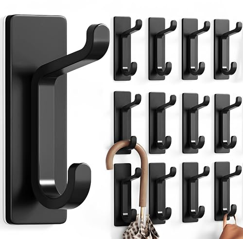 pickpiff Gancio Adesivo Da Parete, Porta Asciugamani Da Bagno, Ganci Adesivi Strofinaccio Da Cucina, Gancio Appendiabiti, Fissaggio a Parete Senza Foratura, Impermeabile, Antiruggine, Nero, 12 Pezzi