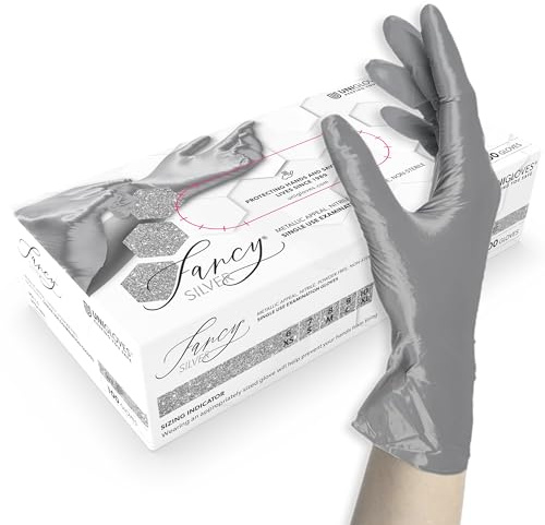 Unigloves FANCY Silver - Guantes desechables de nitrilo, multiuso, sin polvo y sin látex, no estériles, aptos para alimentos, protección contra virus, hongos y bacterias talla M