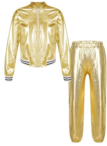 Jugaoge Conjunto de ropa para niños y niñas, chaqueta y pantalones, aspecto de piel lacada, traje de jogging para otoño e invierno, deportes, fitness, danza, dorado, 146-152