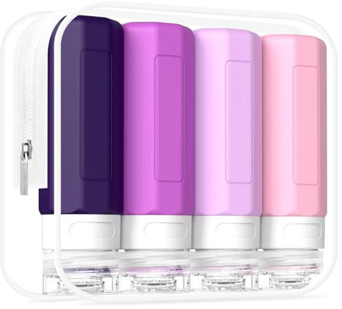 Redfly 4 Pack Silicone Travel Bottles for Toiletries, Leak Proof Refillable TSA Approved Squeezable Travel Containers for Shampoo, Conditioner, Lotion - BPA Free with Clear Bag & Labels（ Purple）