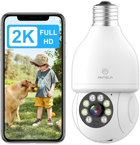 ANTELA Cámara de Bombilla vigilancia WiFi Interior 3MP 2K, Audio bidireccional, visión Nocturna en Color, detección de Movimiento, grabación 24/7, Compatible con Alexa y Google Home, 2.4GHz