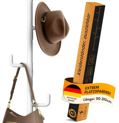 LOBUX® - Garderobenständer ausziehbar, 5 Haken [weiß, 110-310cm] – Teleskop Kleiderständer stabil – Garderobe platzsparend aus Metall – Herrendiener Schlafzimmer – Flurgarderobe – Wäscheständer Balkon