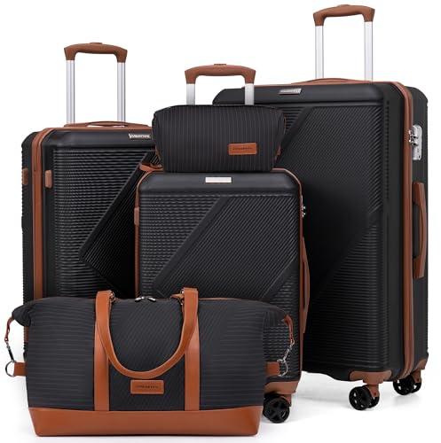 CONCEPTEN Luggage Sets 5 Piece, Suitcases With Wheels, Lightweight Travel Luggage Set With TSA Lock, ABS Hardshell Carry On Suitcase Set, Black, 5PCS, Suitcases With Wheels