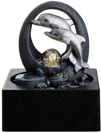 BTGGG Indoor Fountains with Rolling Ball LED Light Dolphin Indoor Waterfall 18 * 18 * 23CM Desktop Waterfall Fountain for Relaxation, 3 Pin UK Plug Included
