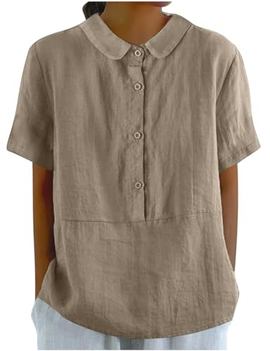 Chemise Femme D'éTé Haut Chic Et ÉLéGant Coton Lin T-Shirt Manche Courte Col en V Chemisier Tunique Tops avec Boutons DéContractéS Ample Couleur Unie Blouse