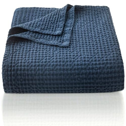 CHUFFED Manta de punto gofre 100 % algodón de 150 x 200 cm, suave y ligera para todas las estaciones, capa perfecta para sofá, cama, sofá, decoración elegante del hogar, tamaño individual/doble, azul