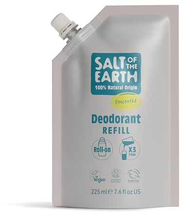 Salt of the Earth - Natural Deodorant Roll On Refill Pouch, x3 Uses - Unscented - Vegan, Long Lasting Protection, Made in the UK - 225ml