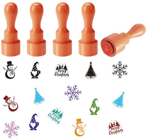 AHANDMAKER 5 Styles Christmas Decorative Stamps, Snowman Snowflakes Christmas Tree Pattern Mini Wooden Rubber Stamp for Scrapbooking Card Making Planner Decal