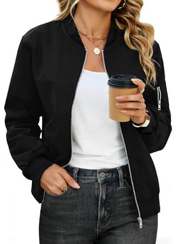 CMTOP Veste Bomber Femme Blouson Court Léger Manteau Décontracté mi Saison Pilote Manches Longues Zippé Sweatjacke Chic Printemps Automne avec Poches(Noir, S)