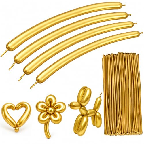 Gold Modelling Balloons, Metallic Long, 260Q, 30cm, 100 Pcs | Thick Latex, For Birthdays And Weddings, Balloon Artists & Everyone, 100 Pcs, 130Cm Inflated