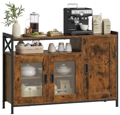 WOLTU Credenza Cucina con 3 Ante, Mobile Buffet Salvaspazio con 2 Ripiani Regolabile, in Legno e Metallo, per Cucina, Soggiorno, Ingresso, 110x33x75 cm, Marrone Rustico