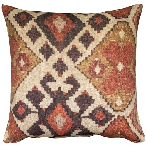 Kilim Turkish Style Printed Double Sided Cushion Cover. 17 x 17 (45cm) Square Scatter Pillow Case. Handmade from super soft natural linen blend cloth in terracotta and burnt orange..