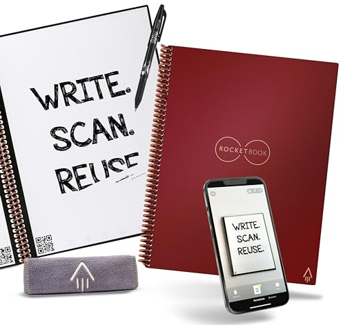 Rocketbook Reusable Digital Notebook - Smart Notepad A4 Red - Wirebound Note Book To Do List Pad, Dotted Paper with Frixion Erasable Pen and Wipe, Office Gadget App Reduce Paper Waste