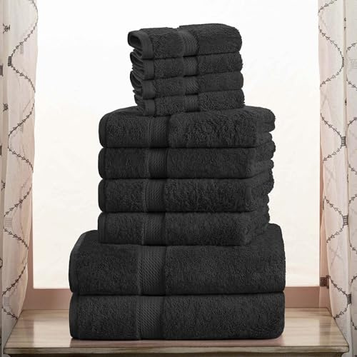 Superior Egyptian Cotton Pile 10 Piece Towel Set, Includes 2 Bath, 4 Hand, 4 Face Towels/Washcloths, Ultra Soft Luxury Towels, Thick Plush Essentials, Guest Bath, Spa, Hotel Bathroom, Black