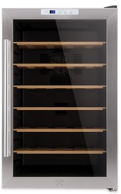 Les Petits Champs Cave à Vin de Conservation de 28 bouteilles CAVC28, 70L, 6 Etagères, Réglable de 11 à 18°C, Refroidissement Thermoélectrique, Design Elégant, LED, Anti-UV