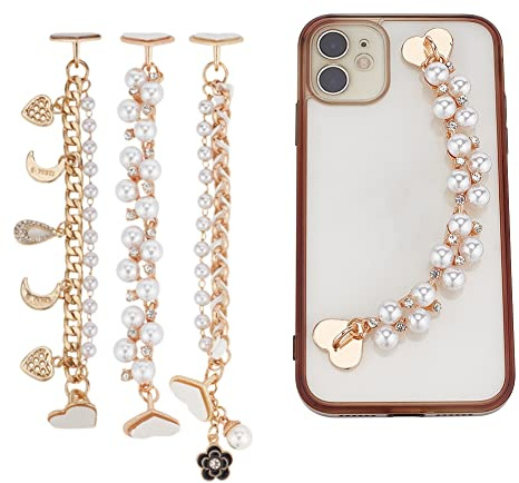 WADORN 3Pcs Beaded Cell Phone Chain Charms, Pearl Decoration Lanyard With Heart Moon Crystal Rhinestone Diamond Gold Universal Mobile Finger Strap for Women
