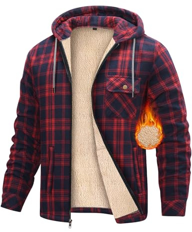 heekpek Sweat a Capuche Homme Vestes Doublées en Polaire Blouson Hiver Manteau Sherpa Chaud Hoodies Sweatshirt Chemises à Carreaux Zippées en Flanelle pour Le Travail à L'extérieur, Rouge+Bleu, XL