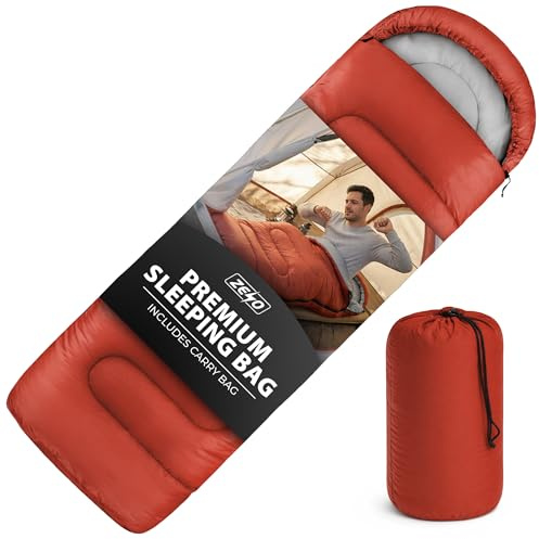 ZENO Sleeping Bag Red | Sleeping Bags For Adults | Waterproof & Lightweight | 4 Season Sleeping Bag | Includes Lightweight Carry Bag | Ideal For Cold & Warm Weather | Comfort Padded