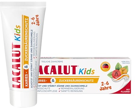 Lacalut Kids 2-6 Jahre 55 ml – Zahncreme für Kinder mit hochwirksamem Karies- & Zuckersäurenschutz – Zahnpasta mit 2 Phasen-Technologie und Vitamin A+E