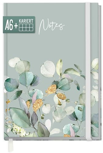 paper&you® Notizbuch kariert A6+ mit Gummiband Minty Leaves mit 156 Seiten, 78 Blatt - Notizheft, Journal, Tagebuch - nachhaltig & klimafreundlich