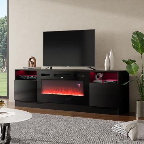 Warmiehomy Electric Fire Insert TV Stand, TV Unit with Fireplace Built in, 12 Colors Moon Light & 12 Flame Effect Support, 36 Fireplace, for 78 TV, Remote Control & Overheat Protection, Black