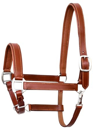 THKtack Leather Horse Headcollar | Full Size Black Brown Tan | Premium Leather Headcollar | Adjustable & Snap Hook Closure | Soft Padded Leather Halter | Horses & Pony Equestrian Tack (Tan)