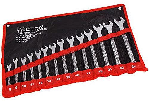 14 Piece Combination Spanners Set | 8mm - 24mm Ring and Open Ended Wrenches with Tool Storage Roll