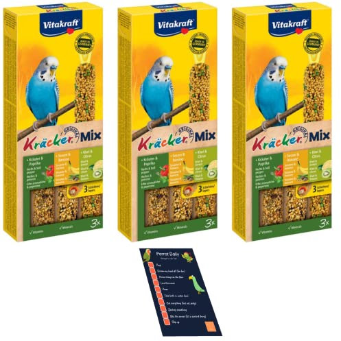 3x packs of Budgies Crackers Trio-Mix (9 sticks in total - including Sesame Seeds, Herbs, Paprica, Banana, Kiwi, Lemon) with Info Card