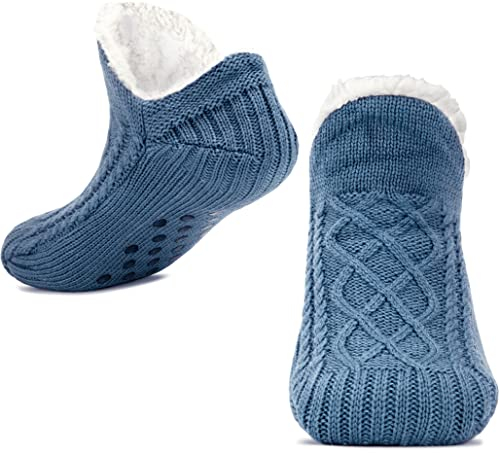 Slipper Socks for Women Men Warm Holding Sock Non Slip Knitted Thick Lined Cosy Winter Fluffy Bed Slippers Suitable for Indoor Home House Floor Blue