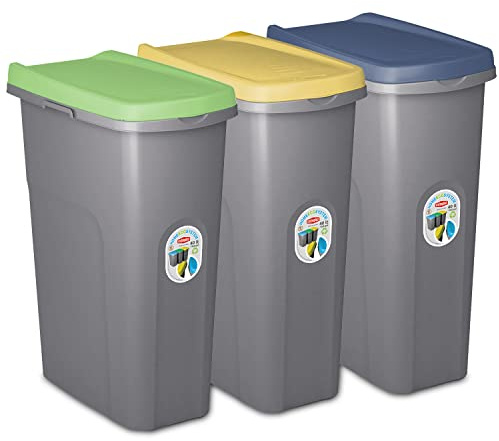 Home Centre Set of Three 40L Lift Top Lid Waste Bins Plastic Kitchen School Slim Recycling General Trash & Rubbish Storage Organiser Container Dustbin Sturdy Quality Made in Italy