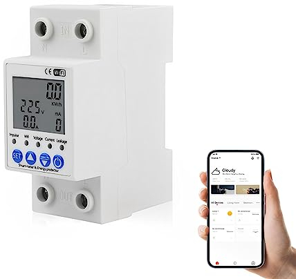 Diymore 1 Phasig Smart Stromzähler, WiFi Fernbedienung Hutschiene Digitale LCD Energiezähler 100-265V DIN-Schienen Wechselstromzähler