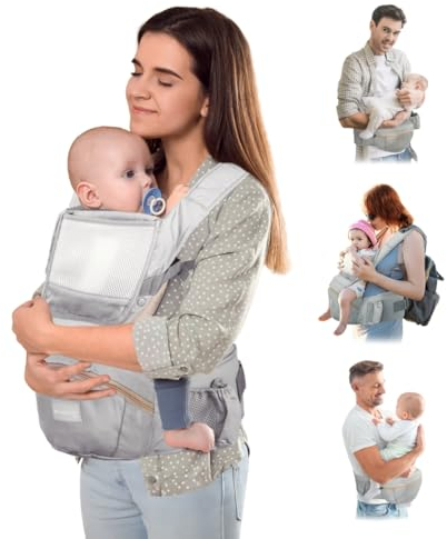 Mobiclinic® kids, Porte-bébé, 6 en 1, Moley, Multiposition, Pliable, Poche zippée, Porte-biberon, Coton premium doux, 0-36 mois, Pour nouveau-nés et enfants (gris)