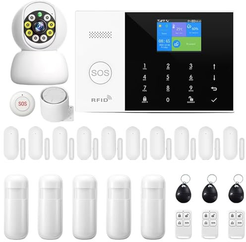 XNY WiFi Alarmas para Casa Inalámbrico, 4G Sistema de Alarma Doméstica Antirrobo con 1080P Cámara de Seguridad Pan/Tilt, Alerta App, Funciona con Alexa y Google Assistant