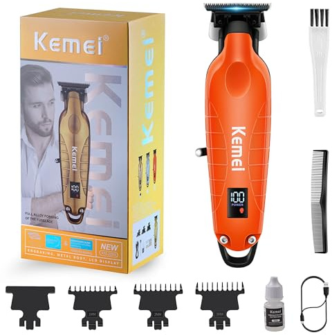 KEMEI 2293 Tondeuse professionnelle à cheveux/barbe pour homme avec lame en T, rechargeable sans fil, orange