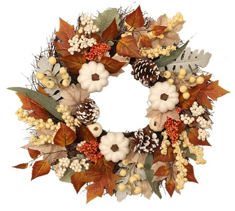 - Corona para Puerta de – – Hoja de Arce y – | Corona otoñal de 45 cm con Calabazas y Hojas, decoración de otoño para la Puerta Principal para decoración de Acción de Gracias