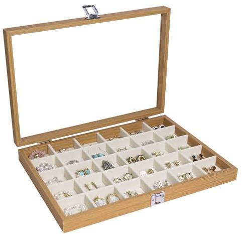 Stratalife Jewelry Organizer Wooden Bracelet Jewelry Box 30 Grid Jewelry Tray with Lid Earring Holder Organizer Necklace Bracelet Bangle Ring Organizer for Women Vintage Jewelry Box
