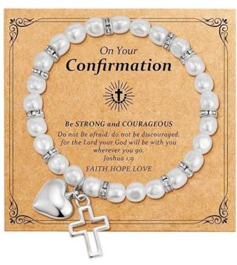 Cunegra White Pearl Bracelet with Cross and Heart Charm, First Holy Communion Gifts for Girls with Message Card, Baptism, Confirmation, Easter, Christening Gifts