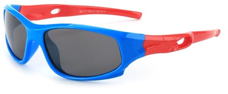 JoXiGo Gafas de sol infantil polarizadas para niños y niñas (3-12 años) + cordones para gafas + funda para gafas (Montura Azul - Patilla Roja)