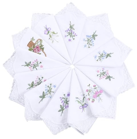 Handkerchiefs for Women, 12 Pcs Soft Floral Cotton Handkerchiefs with Single Corner Lace Style Reusable Washable Ladies Handkerchief for Wedding Party Daily Use(Random Pattern)