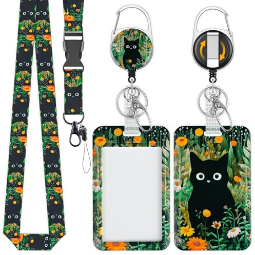 Uniclife Porta Tarjetas Identificativas Patrón de Gato del Bosque Portatarjetas de Plástico Retráctil Mosquetón Cordón Desmontable Protector Vertical Tarjetas Empleados Oficina Enfermera Estudiante